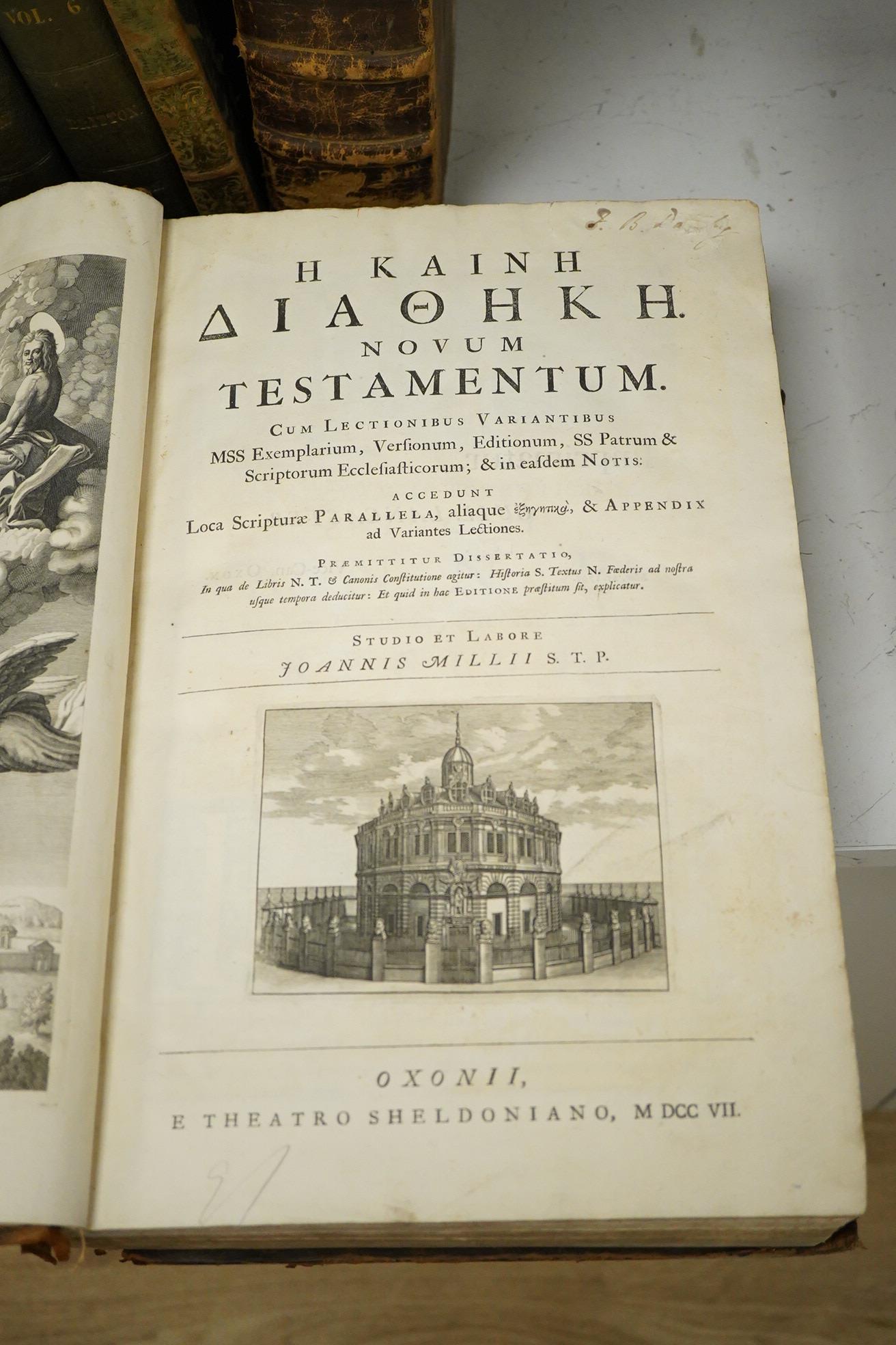 [Greek title] Novum Testamentum, Cum lectionibus variantibus ... (edited by John Mill) ... title vignette, frontis., chapter head pictorial vignettes, historiated initial letters; contemp. blind decorated panelled calf,